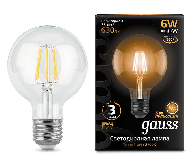 Светодиодная лампа Gauss Filament в форме шара LED 6W E27 (прозрачная) с нитевым излучателем 2700K