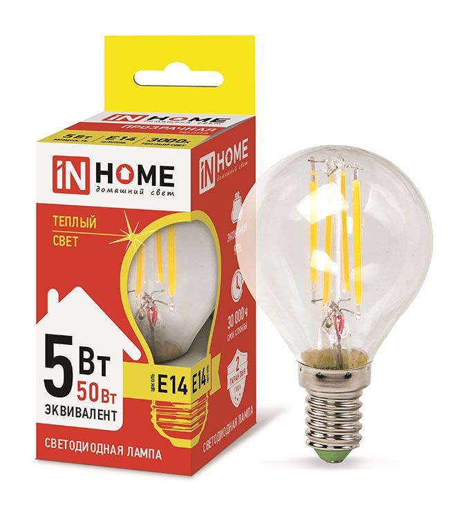 Светодиодная лампа IN HOME Deco в форме шара LED 5W G45 E14 3000K (прозрачная) с нитевым излучателем