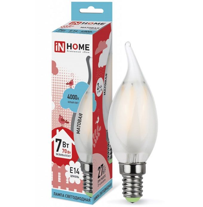 Светодиодная лампа IN HOME Deco в форме свечи на ветру LED 7W CW37 E14 4000K
(матовая) с нитевым излучателем