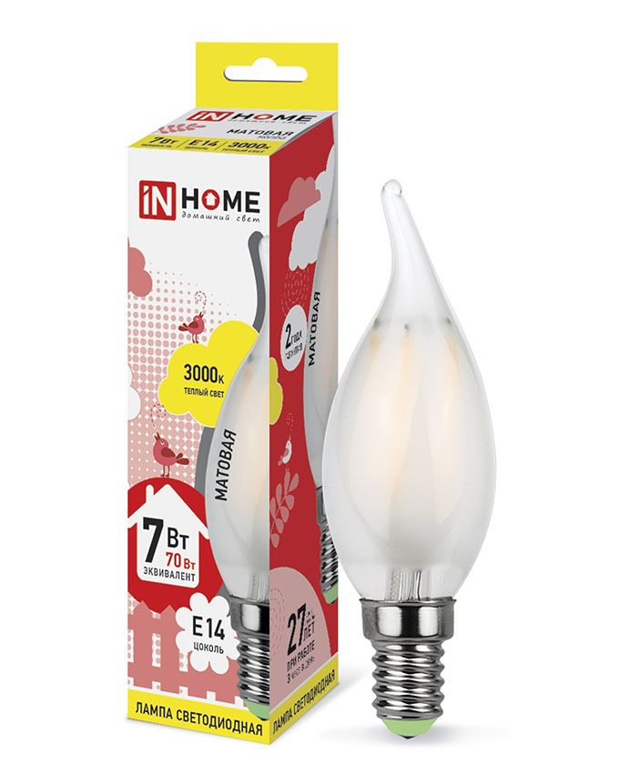 Светодиодная лампа IN HOME Deco в форме свечи на ветру LED 7W CW37 E14 3000K
(матовая) с нитевым излучателем