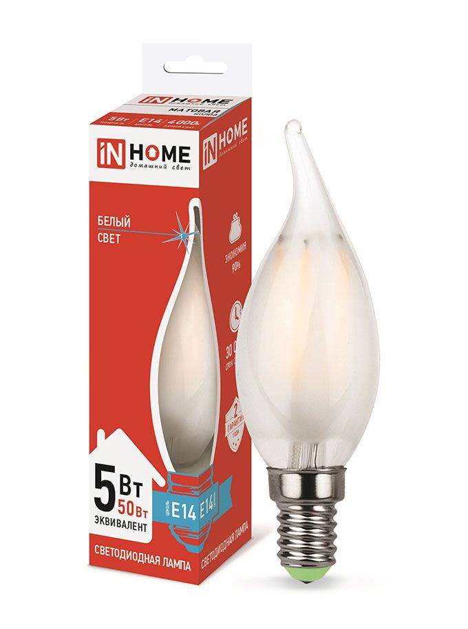 Светодиодная лампа IN HOME Deco в форме свечи на ветру LED 5W CW37 E14 4000K (матовая) с нитевым излучателем