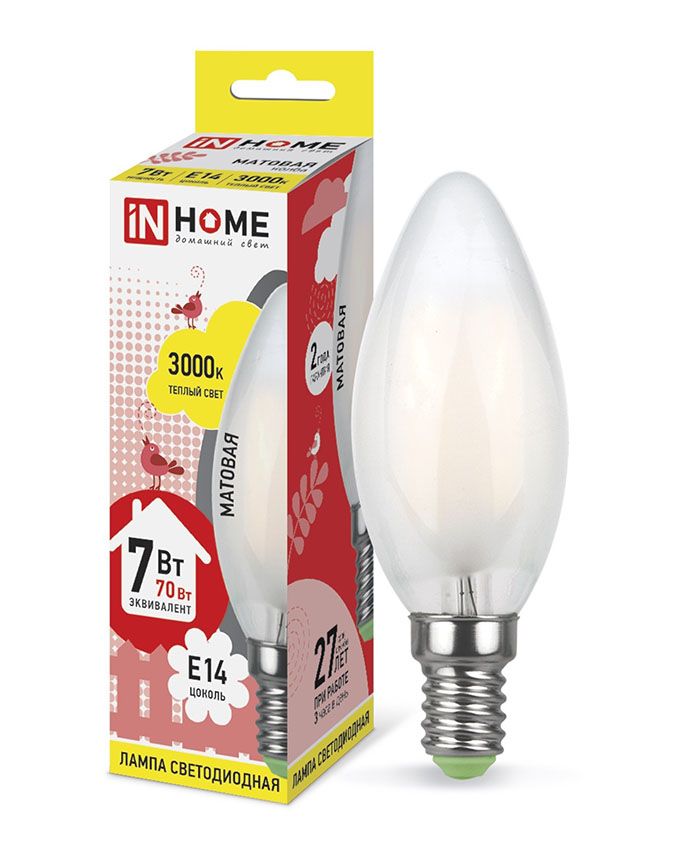 Светодиодная лампа IN HOME Deco в форме свечи LED 7W C37 E14 3000K (матовая)
с нитевым излучателем