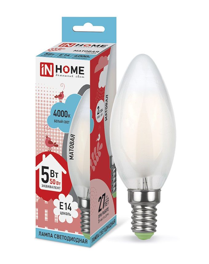 Светодиодная лампа IN HOME Deco в форме свечи LED 5W C37 E14 3000K (матовая)
с нитевым излучателем