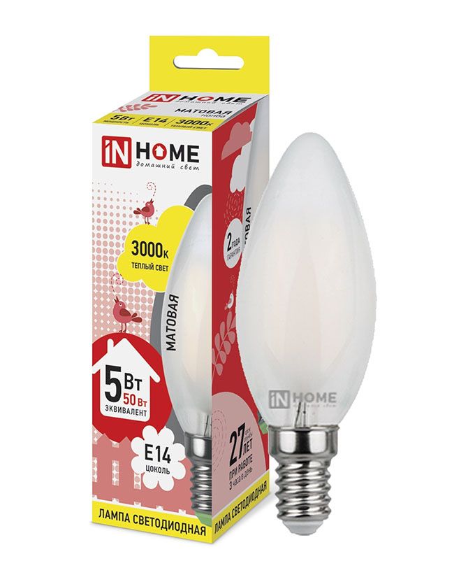 Светодиодная лампа IN HOME Deco в форме свечи LED 5W C37 E14 4000K (матовая)
с нитевым излучателем
