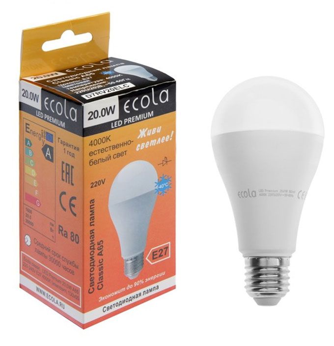 Светодиодная лампа Ecola в форме шара LED Premium 20W A65 E27 4000K