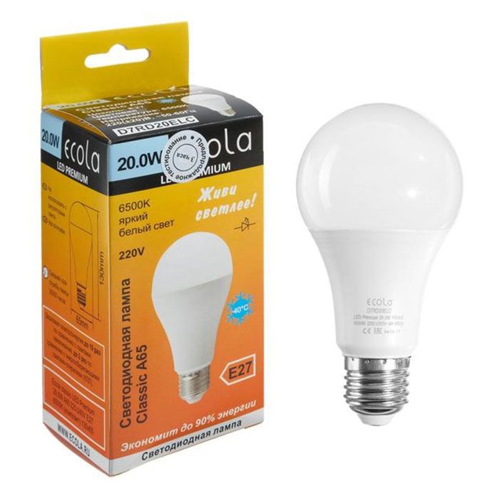 Светодиодная лампа Ecola в форме шара LED Premium 20W A65 E27 6500K