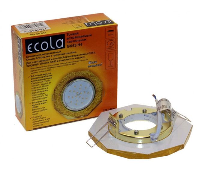 Встраиваемый светильник Ecola GX53 H4 Glass золото с восьмиугольной вкладкой золотой блеск