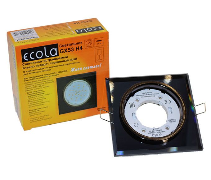 Встраиваемый светильник Ecola GX53 H4 Glass черный хром с квадратной черной вкладкой