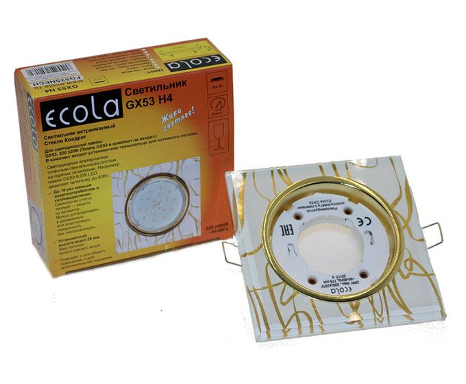 Встраиваемый светильник Ecola GX53 H4 Glass золото с квадратной вкладкой золото на белом