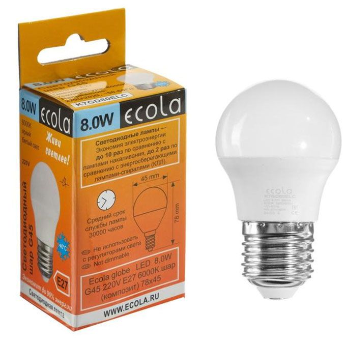 Светодиодная лампа Ecola в форме шара LED 8W G45 E27 6000K