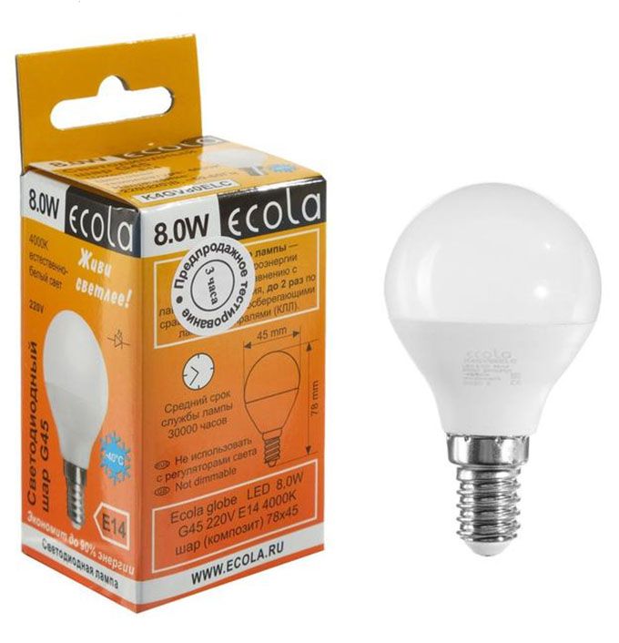 Светодиодная лампа Ecola в форме шара LED 8W G45 E14 4000K