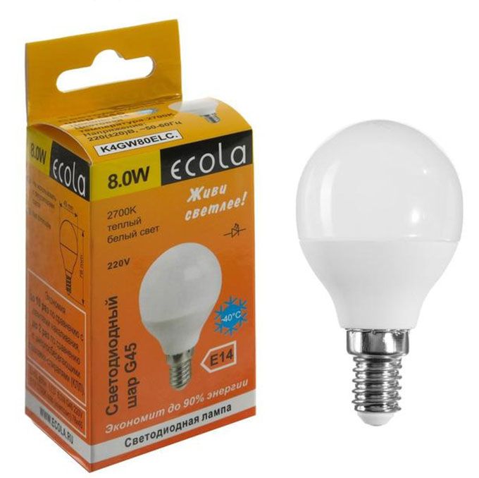Светодиодная лампа Ecola в форме шара LED 8W G45 E14 2700K