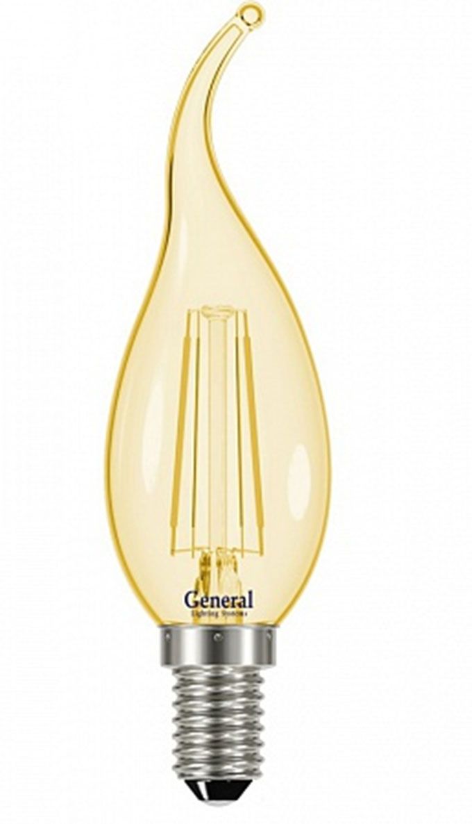 Светодиодная лампа General GLDEN в форме свечи на ветру LED 7W E14
(прозрачная) золотистая с нитевым излучателем