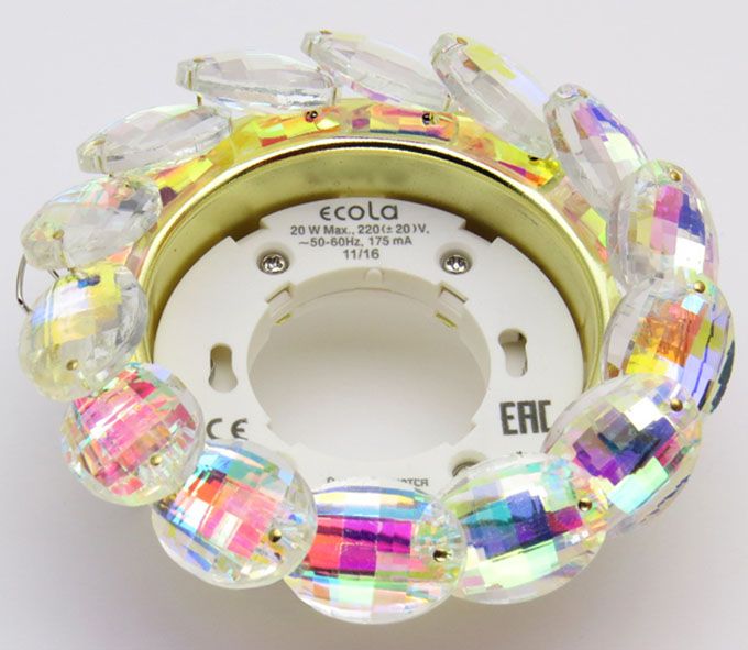 Встраиваемый светильник Ecola GX53 H4 Crystal золото с большими прозрачно-искристыми хрусталиками