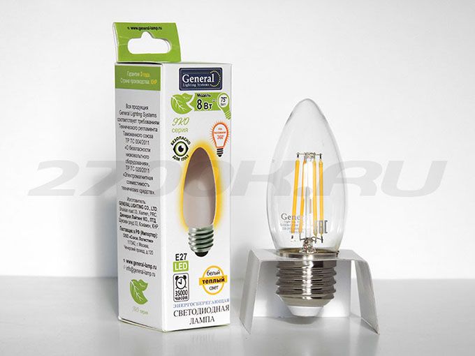 Светодиодная лампа General GLDEN в форме свечи LED 8W E27 (прозрачная) с
нитевым излучателем 2700K