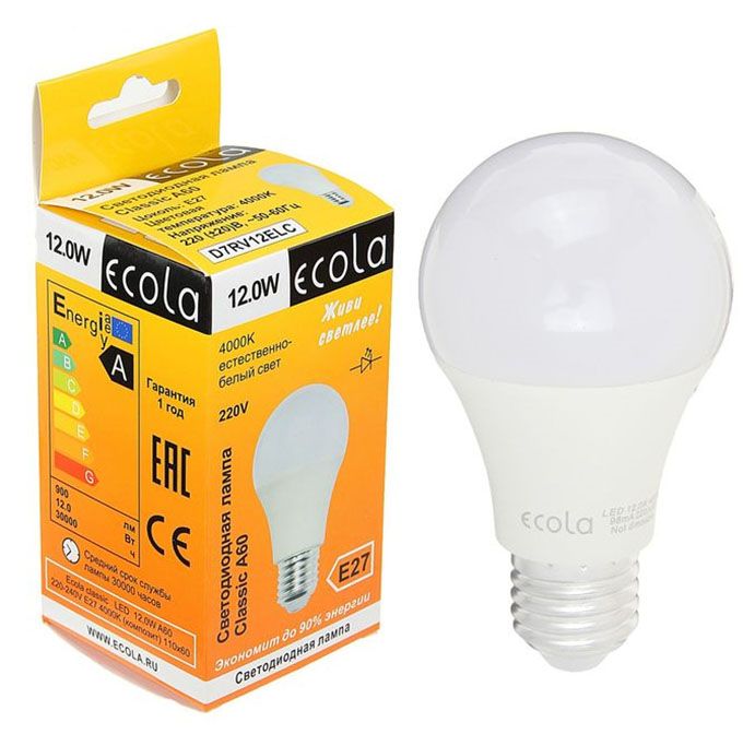 Светодиодная лампа Ecola в форме шара LED 12W A60 E27 4000K