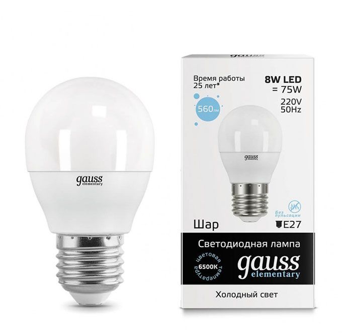 Светодиодная лампа Gauss Elementary в форме шара LED 8W E27 6500K