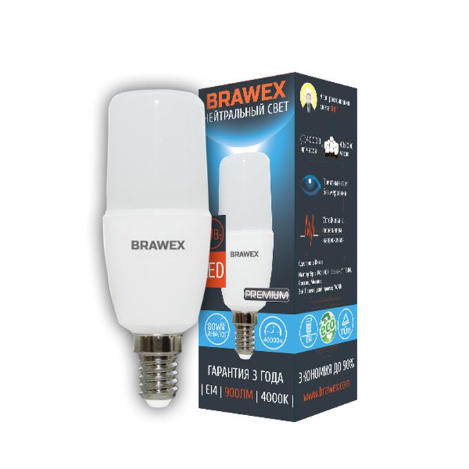 Светодиодная лампа BRAWEX Premium в форме цилиндра LED T7 E14 10W 4000K