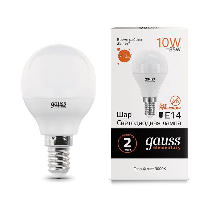 Светодиодная лампа Gauss Elementary в форме шара LED 10W G45 E14 2700K