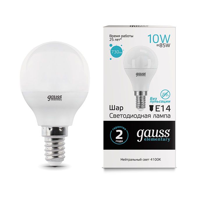 Светодиодная лампа Gauss Elementary в форме шара LED 10W G45 E14 4100K