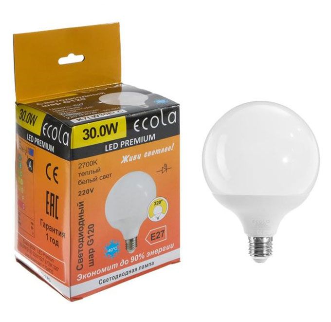 Светодиодная лампа Ecola в форме шара LED Premium 30W G120 E27 (матовая) 2700K