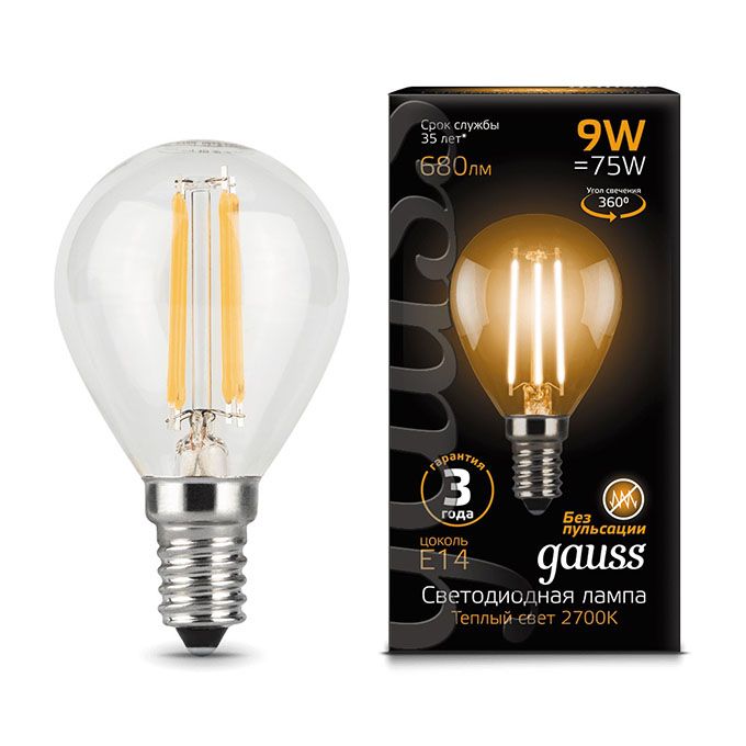 Филаментная светодиодная лампа Gauss в форме шара LED 9W G45 E14 (прозрачная) 2700K