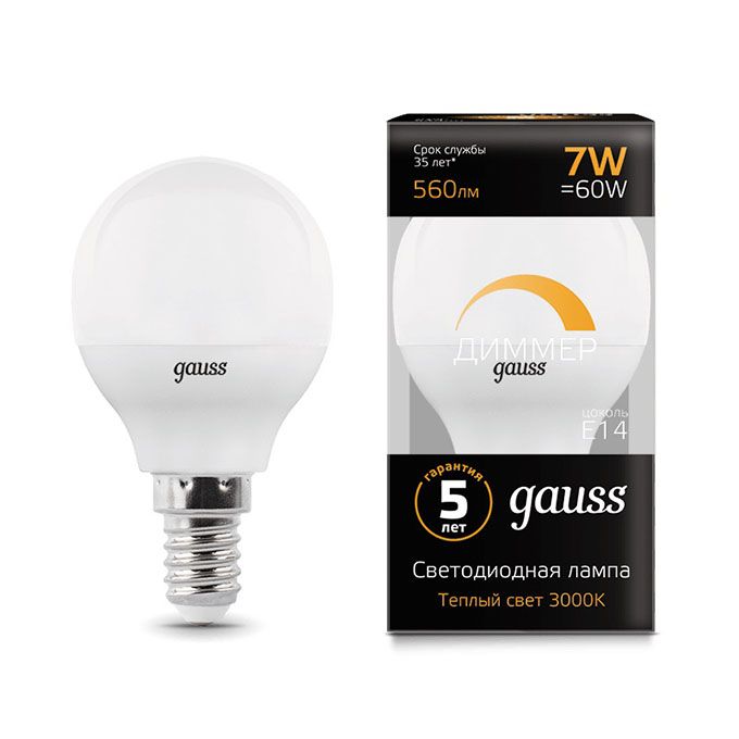 Диммируемая светодиодная лампа Gauss шар LED 7W G45 E14 (матовая) 3000K