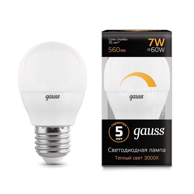 Диммируемая светодиодная лампа Gauss шар LED 7W G45 E27 (матовая) 3000K