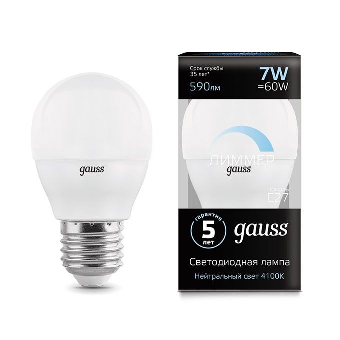 Диммируемая светодиодная лампа Gauss шар LED 7W G45 E27 (матовая) 4100K