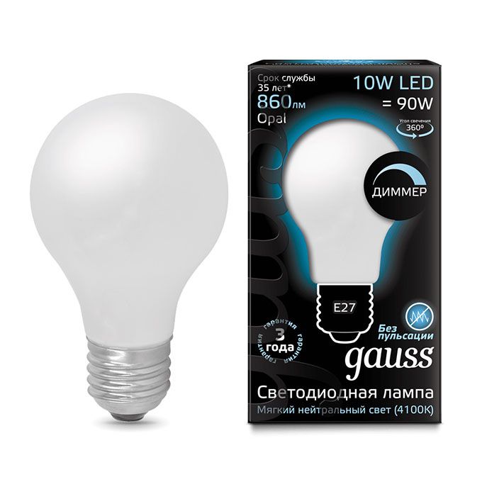 Диммируемая филаментная лампа Gauss шар LED 10W A60 E27 (матовая) 4100K