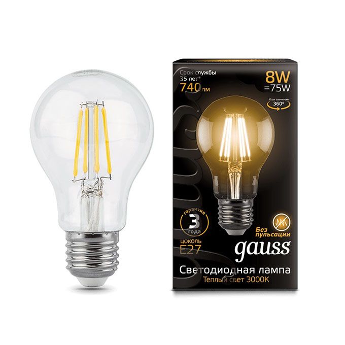 Филаментная светодиодная лампа Gauss шар LED 8W A60 E27 (прозрачная) 2700K