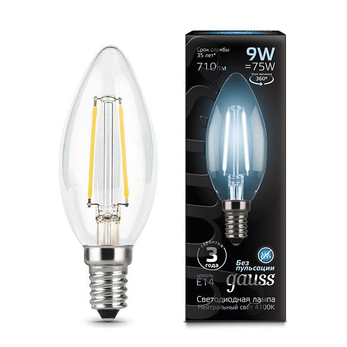 Филаментная светодиодная лампа Gauss свеча LED 9W E14 (прозрачная) 4100K