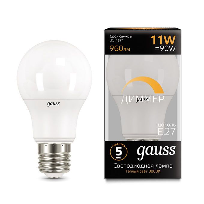 Диммируемая светодиодная лампа Gauss шар LED 11W A60 E27 (матовая) 3000K