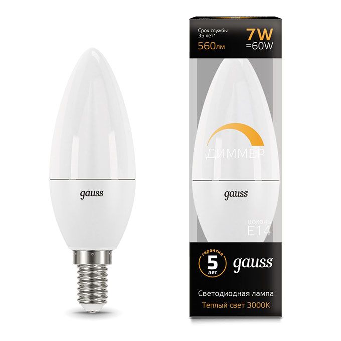 Диммируемая светодиодная лампа Gauss свеча LED 7W E14 (матовая) 3000K