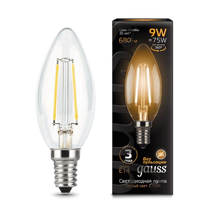 Филаментная светодиодная лампа Gauss свеча LED 9W E14 (прозрачная) 2700K