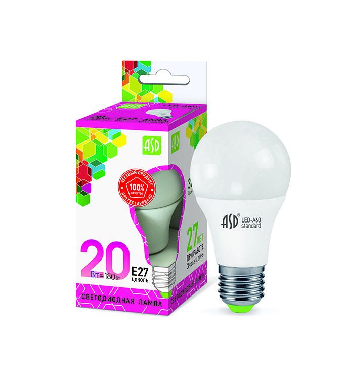 Светодиодная лампа ASD Standard шар LED 20W A60 E27 (матовая) 6500K