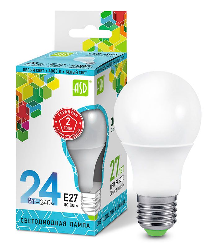 Светодиодная лампа ASD Standard шар LED 24W A65 E27 (матовая) 4000K