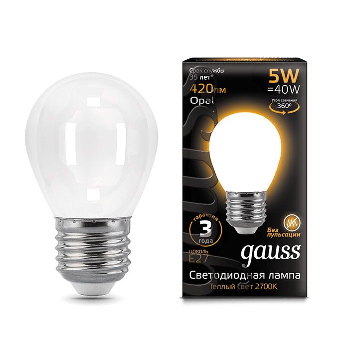 Филаментная светодиодная лампа Gauss шар LED 5W G45 E27 (матовая) 2700K