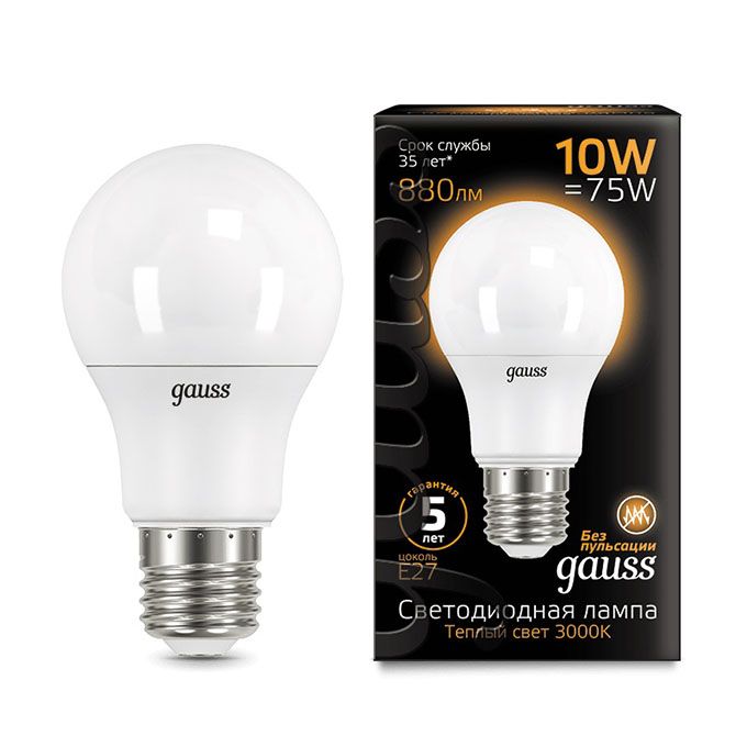 Светодиодная лампа Gauss шар LED 10W A60 E27 (матовая) 2700K