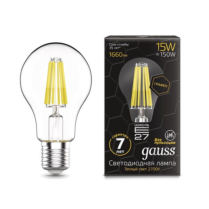 Филаментная светодиодная лампа Gauss Graphene шар LED 15W A60 E27 (прозрачная) 2700K