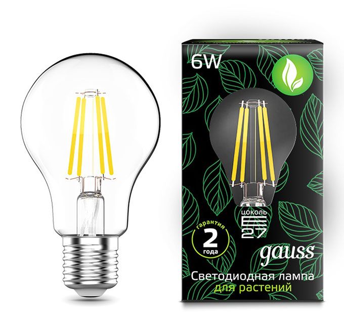 Филаментная лампа для растений Gauss A60 LED 6W E27 (прозрачная) сине-красного спектра