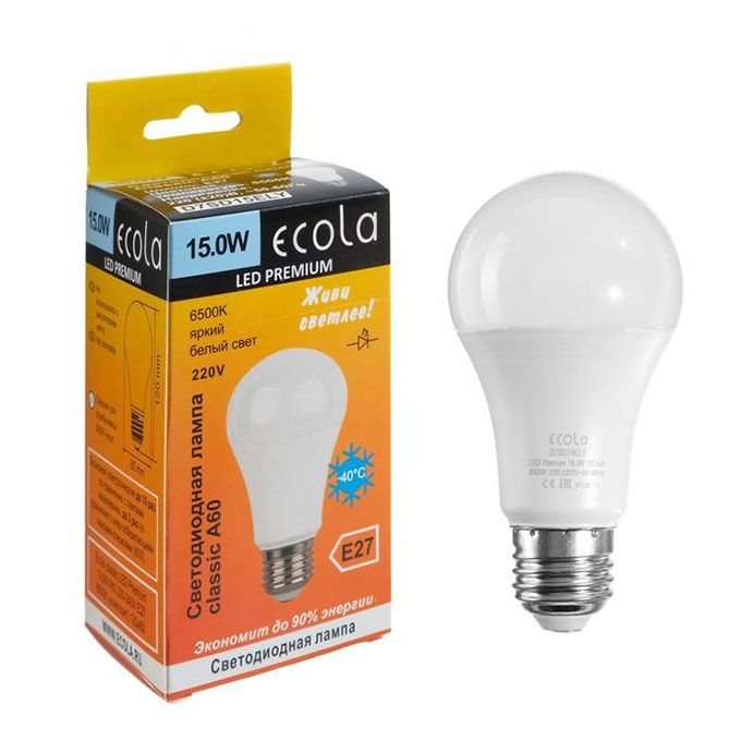 Светодиодная лампа Ecola в форме шара LED Premium 15W A60 E27 6500K