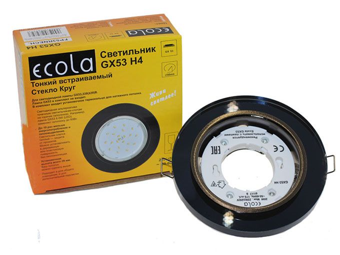 Встраиваемый светильник Ecola GX53 H4 5310 Glass черный хром с круглой черной вкладкой