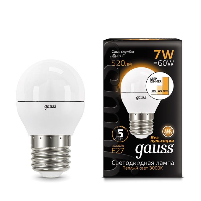Светодиодная лампа Gauss шар LED 7W G45 E27 со ступенчатым диммированием (матовая) 2700K