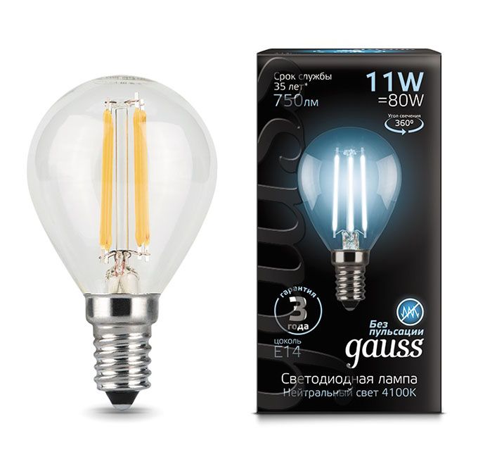 Филаментная светодиодная лампа Gauss шар LED 11W G45 E14 (прозрачная) 4100K