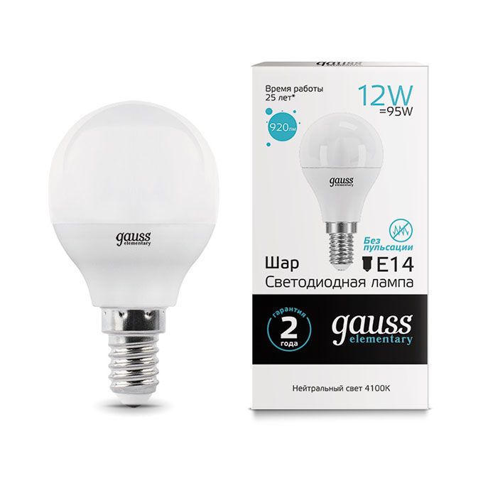 Светодиодная лампа Gauss Elementary шар LED 12W G45 E14 (матовая) 4100K