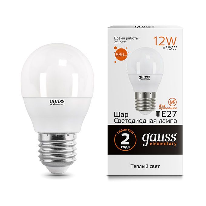 Светодиодная лампа Gauss Elementary шар LED 12W G45 E27 (матовая) 3000K