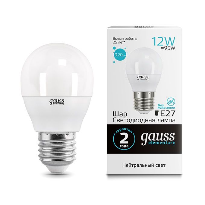 Светодиодная лампа Gauss Elementary шар LED 12W G45 E27 (матовая) 4100K