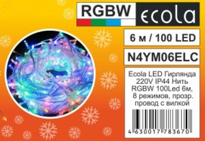 Светодиодная гирлянда нить Ecola IP44 6м разноцветная 8 режимов с прозрачным проводом