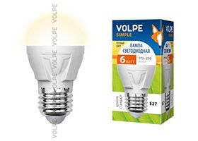 Светодиодная лампа Volpe Simple в форме шара G45 E27 LED 6W (матовое стекло) 3000K